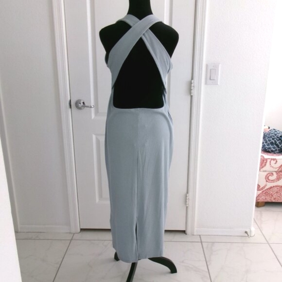 New H&M Ribbed Open Twist Back Sleeveless Midi Dress Soft Stretchy Grey Blue L - Picture 4 of 11